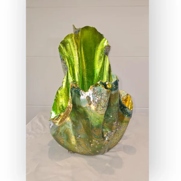 Large Bright Green Gold Foiled uneven fruit bowl, candle holder - Image 3