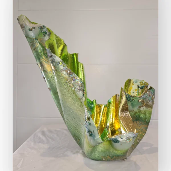 Large Bright Green Gold Foiled uneven fruit bowl, candle holder