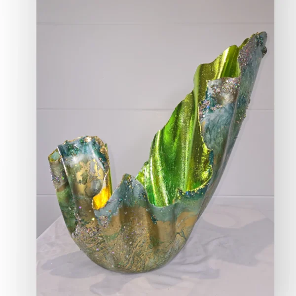 Large Bright Green Gold Foiled uneven fruit bowl, candle holder - Image 4