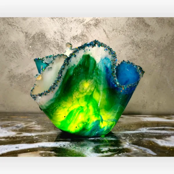 Medium Jewel edged turquoise, green teal transparent candle fruit bowl - Image 6
