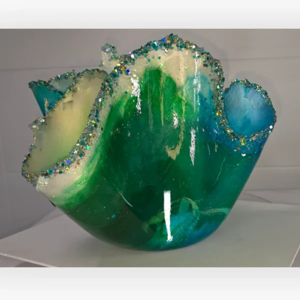 Medium Jewel edged turquoise, green teal transparent candle fruit bowl - Image 2