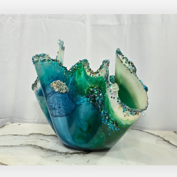 Medium Jewel edged turquoise, green teal transparent candle fruit bowl - Image 3