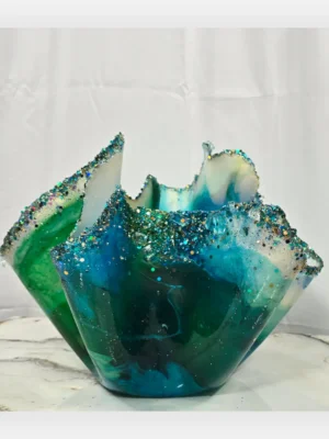 Medium Jewel edged turquoise, green teal transparent candle fruit bowl