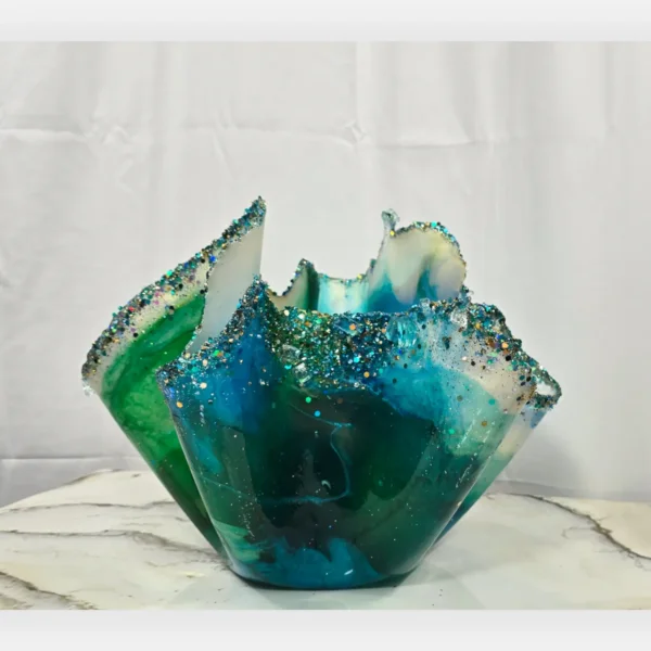 Medium Jewel edged turquoise, green teal transparent candle fruit bowl