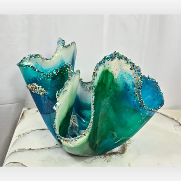 Medium Jewel edged turquoise, green teal transparent candle fruit bowl - Image 5