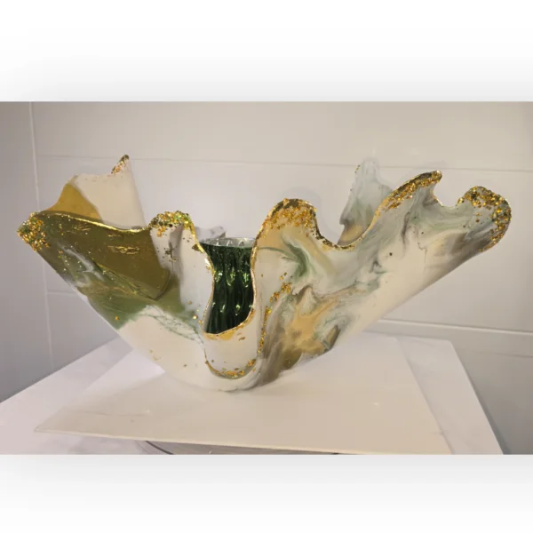 Handmade Freeform Bowl with Medusa Green and Gold Accents - Image 4