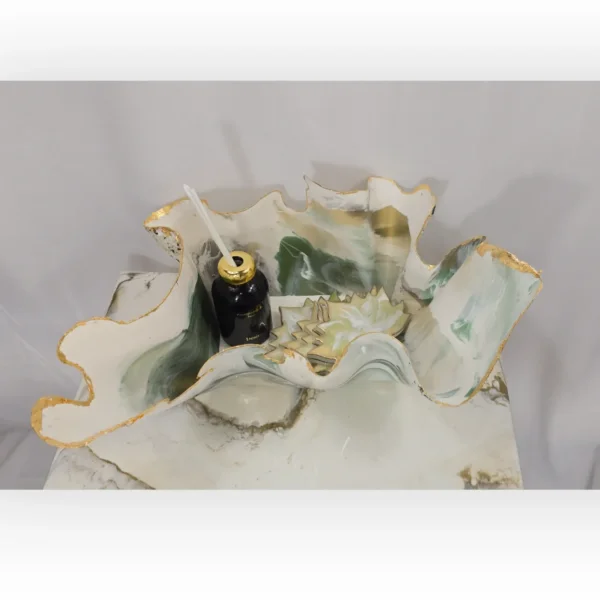 Handmade Oblong-Shaped Freeform Bowl with Medusa Green and Gold Accents - Image 3