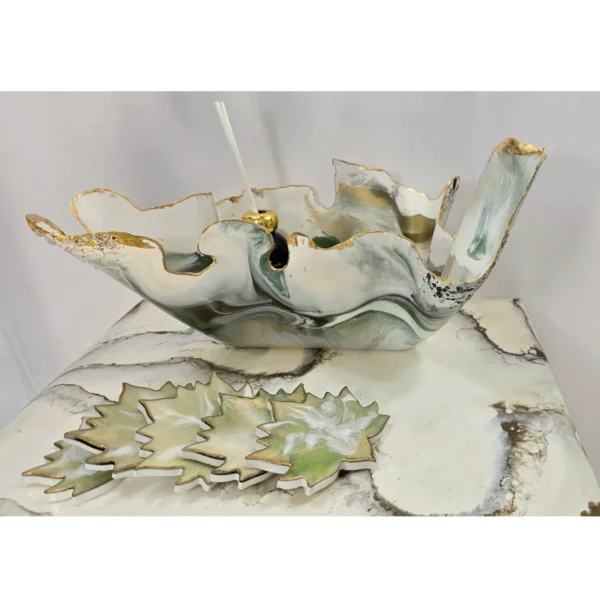 Handmade Oblong-Shaped Freeform Bowl with Medusa Green and Gold Accents - Image 5