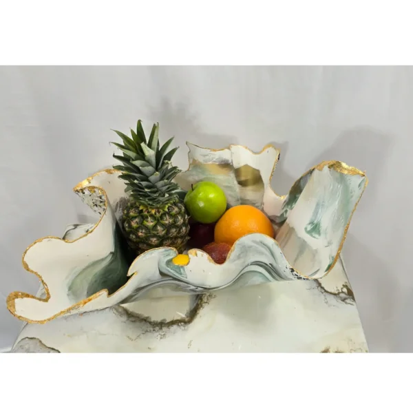 Handmade Oblong-Shaped Freeform Bowl with Medusa Green and Gold Accents - Image 6