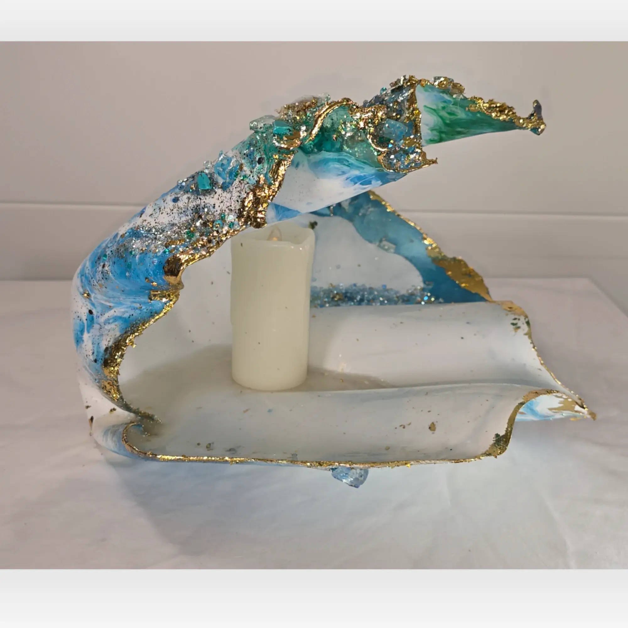 Medium Blue/White Oyster Shell Candle or Jewellery Holder