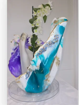 Large Semi Opaque teal, purple white gold Vase