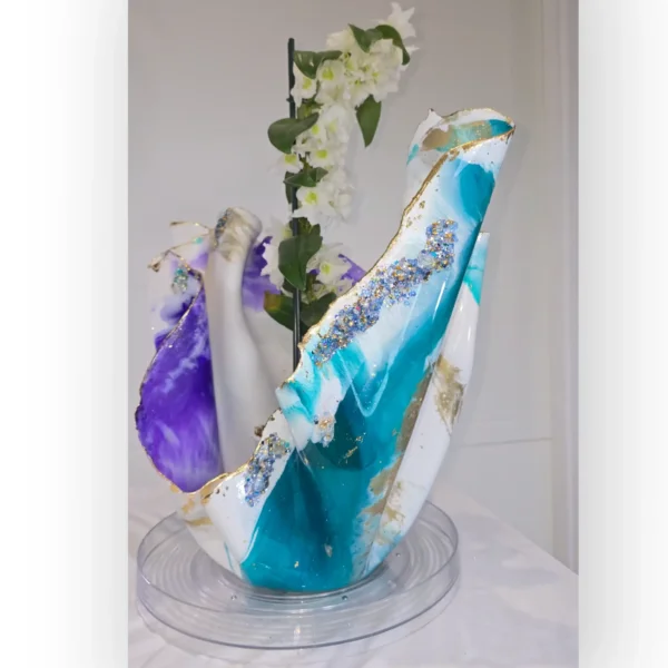 Large Semi Opaque teal, purple white gold Vase