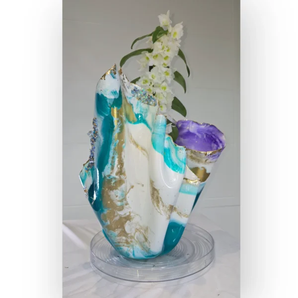 Large Semi Opaque teal, purple white gold Vase - Image 4