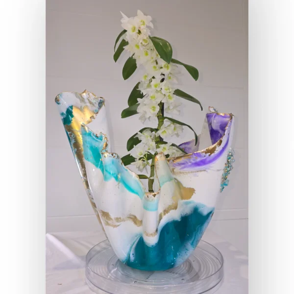 Large Semi Opaque teal, purple white gold Vase - Image 3