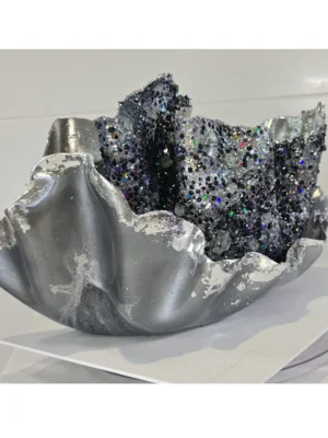 Medium Black Silver foil upright Clam shell Candle or Fruit Bowl