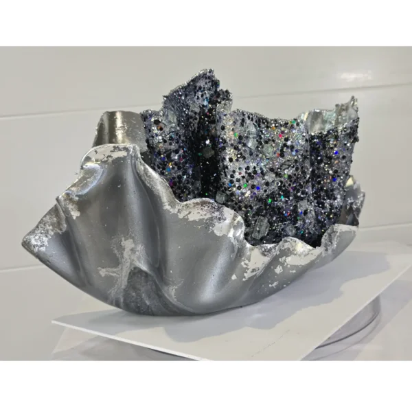 Medium Black Silver foil upright Clam shell Candle or Fruit Bowl