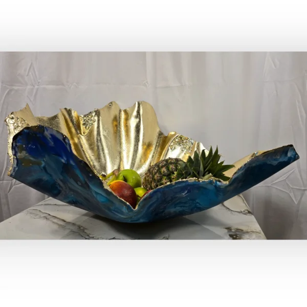 Handmade Sea Blues Extra Large Shallow Sculpture Bowl - Image 4
