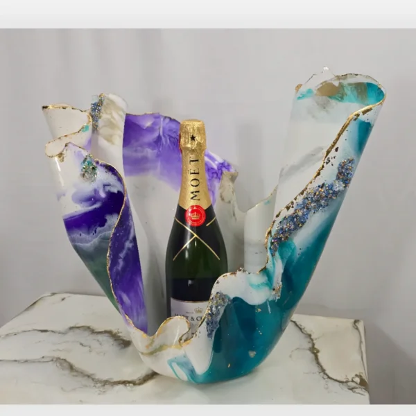 Large Semi Opaque teal, purple white gold Vase - Image 2