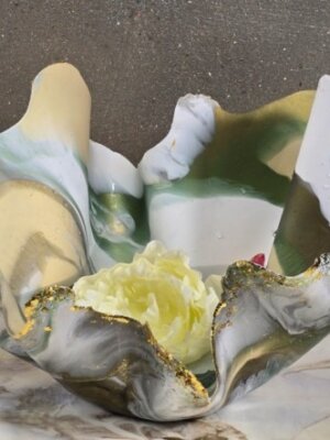 Handmade Freeform Bowl with Medusa Green and Gold Accents