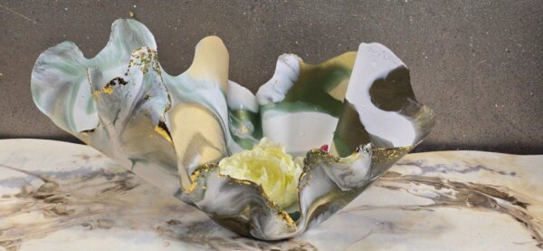 Handmade Freeform Bowl with Medusa Green and Gold Accents
