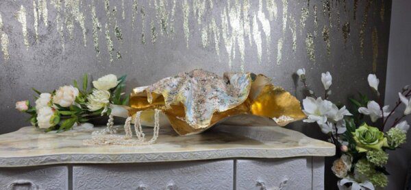 Giant handmade sculptured pink Clam/Oyster Shell With Gold Leaf and heavily jewelled in various colours