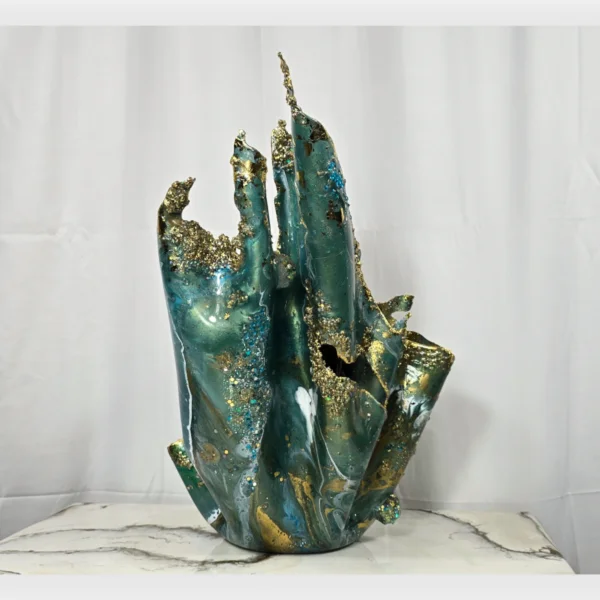 Handmade Seaweed-Inspired Candle Holder with deep Green, Gold Accents & Handmade Rocks & gems - Image 4