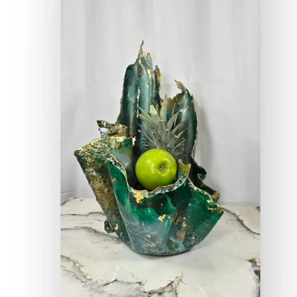Handmade Seaweed-Inspired Candle Holder with deep Green, Gold Accents & Handmade Rocks & gems - Image 2