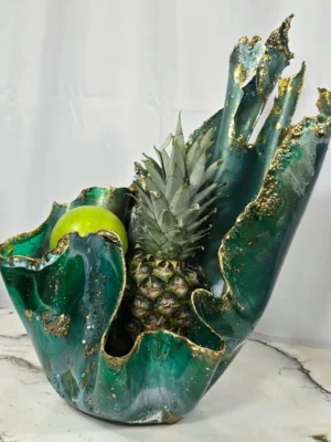 Handmade Seaweed-Inspired Candle Holder with deep Green, Gold Accents & Handmade Rocks & gems