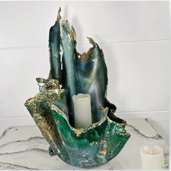 Handmade Seaweed-Inspired Candle Holder with deep Green, Gold Accents & Handmade Rocks & gems - Image 5