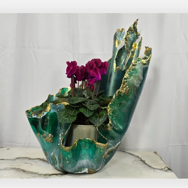 Handmade Seaweed-Inspired Candle Holder with deep Green, Gold Accents & Handmade Rocks & gems - Image 3