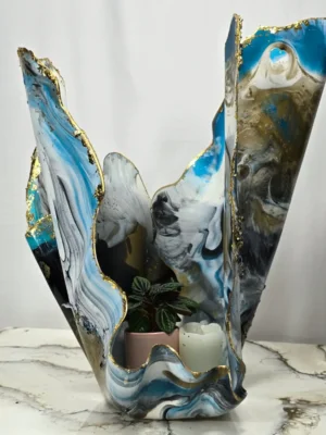 Handmade Tall Vase with Deep Blues and Gold Foil Accents