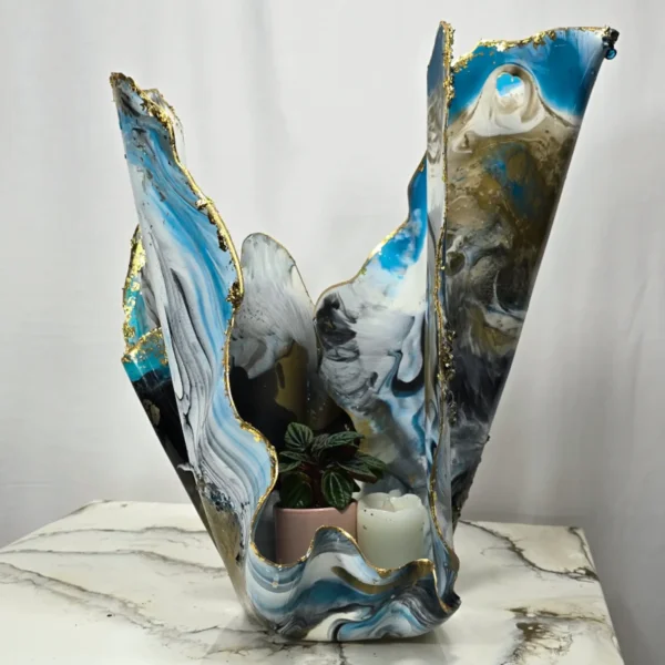 Handmade Tall Vase with Deep Blues and Gold Foil Accents