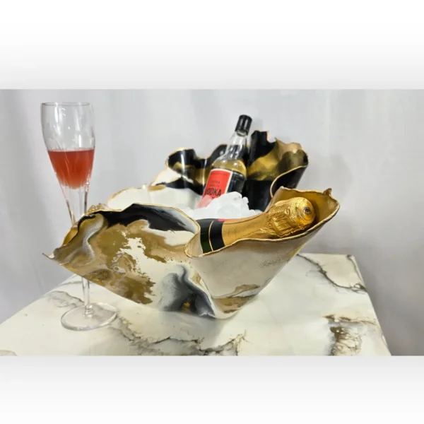 Handmade Sculpture Bowl Black Gold White champagne Ice Bucket/fruit, Plant or candle holder