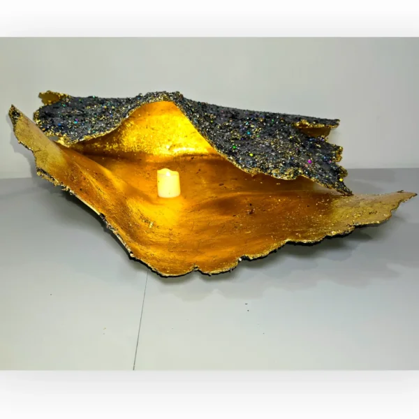 Giant Oyster Shell heavily black gemmed top with gold foil interior