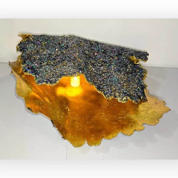 Giant Oyster Shell heavily black gemmed top with gold foil interior