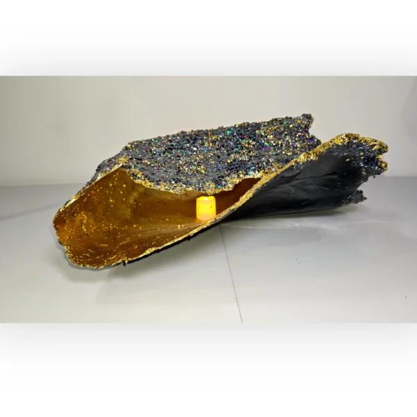 Giant Oyster Shell heavily black gemmed top with gold foil interior