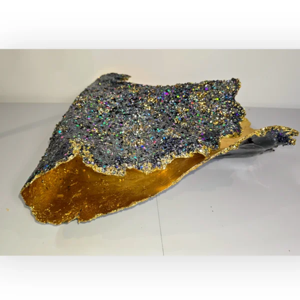 Giant Oyster Shell heavily black gemmed top with gold foil interior