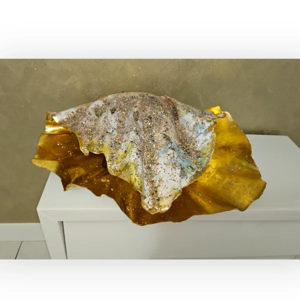 Giant handmade sculptured pink Clam/Oyster Shell With Gold Leaf and heavily jewelled in various colours