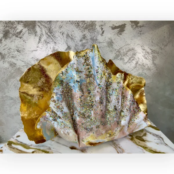 Giant handmade sculptured pink Clam/Oyster Shell With Gold Leaf and heavily jewelled in various colours