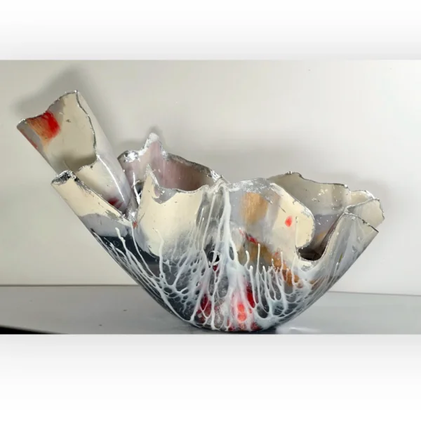 Large Grey, white, metallic silver red Fruit bowl
