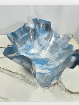 Medium blue, gunmetal silver, white fruit bowl
