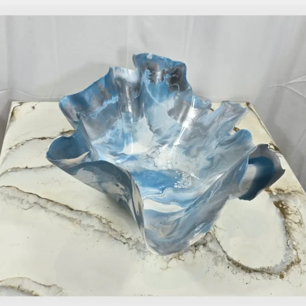 Medium blue, gunmetal silver, white fruit bowl