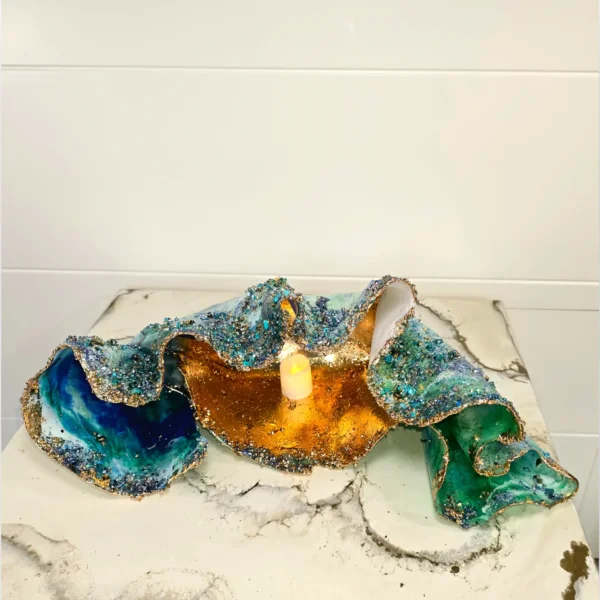 Wide Sea coloured Oyster shell candle Holder