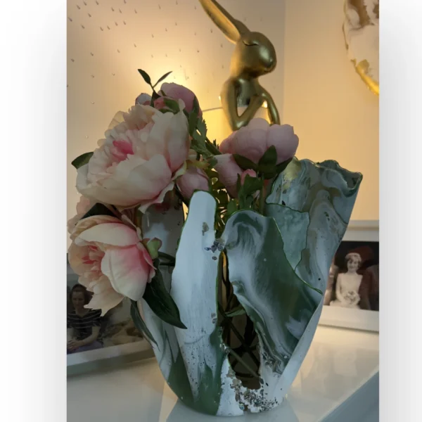 Medium Green white gold sculpture vase# - Image 3