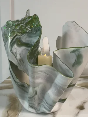 Medium Green white gold sculpture vase#