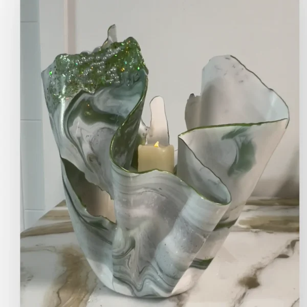 Medium Green white gold sculpture vase#