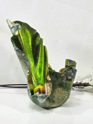 Large Bright Green Gold Foiled uneven fruit bowl, candle holder