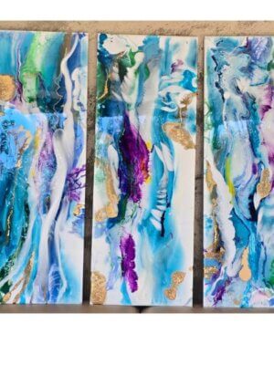 Wall Art Triptych set of Vertical Turquoise, blues Purple