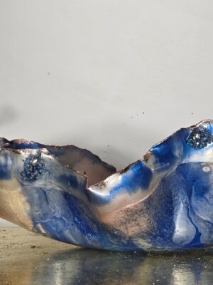 Ex-Large Long Rectangle Multi Use Sculpture Bowl in Soft Blues, Beige, Pink edged in metallic rose gold foil