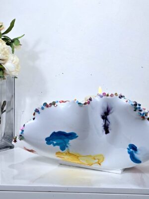 Large White Multi Coloured Stone Edged Square Based Fruit Bowl (matches MAX0074 & 75